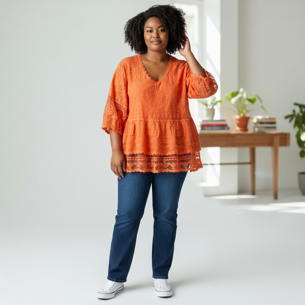 Democracy Nectarine Orange Embroidered Lace Peplum Top 3X WPW72132E‎ NWT